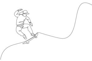 One single line drawing of young cool skateboarder man riding skateboard and jumping in city street vector illustration. Teen lifestyle and outdoor sport concept. Modern continuous line draw design