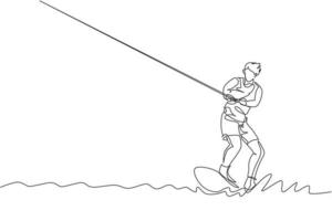 un dibujo de línea continua de un joven enérgico divertido jugar wakeboard en el océano. concepto de deporte de estilo de vida saludable. felices vacaciones turísticas. Ilustración de vector de diseño de dibujo de línea única dinámica