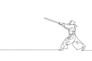 One single line drawing energetic man exercise attack skill on kendo game with wooden sword at gym center graphic vector illustration. Combative fight sport concept. Modern continuous line draw design