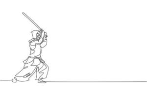 un dibujo de una sola línea de un joven enérgico ejerciendo habilidad de ataque en kendo con espada de madera en la ilustración vectorial del centro de gimnasio. concepto de deporte de lucha combativa. diseño moderno de dibujo de línea continua vector