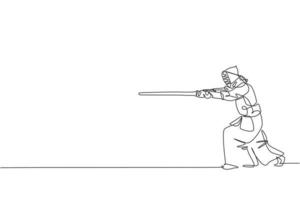 Single continuous line drawing of young sportive man practicing kendo attack with sword martial art skill on gym sport center. Fighting sport concept. Trendy one line draw design vector illustration