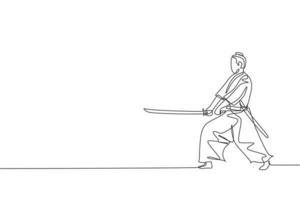 un dibujo de una sola línea de un joven guerrero samurái japonés sosteniendo una espada katana practicando en la ilustración gráfica vectorial del centro del dojo. concepto de arte marcial combativo. diseño moderno de dibujo de línea continua vector