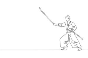 un dibujo de línea continua de la pose de guerrero samurai de valentía joven listo para atacar en la sesión de entrenamiento. concepto de deporte de combate de artes marciales. Ilustración de vector de diseño gráfico de dibujo de línea única dinámica