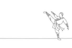 One single line drawing young energetic shaolin monk man exercise kung fu fighting at temple vector illustration graphic. Ancient Chinese martial art sport concept. Modern continuous line draw design