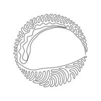 Single continuous line drawing tacos Mexican fast food with tortilla, meat, lettuce, cheese, tomato, sauce. Swirl curl circle background style. Dynamic one line draw graphic design vector illustration