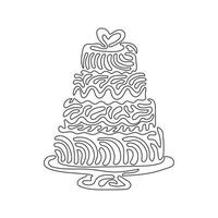 Continuous one line drawing wedding cake with love shape on top. Sweet cake for celebrate marriage. Tasty dessert wedding party. Swirl curl style. Single line draw design vector graphic illustration