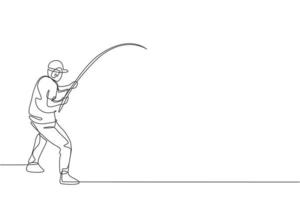 One continuous line drawing of young happy fisherman standing and fishing bait a fish at riverside. Fishing leisure hobby vacation concept. Dynamic single line draw design vector illustration graphic