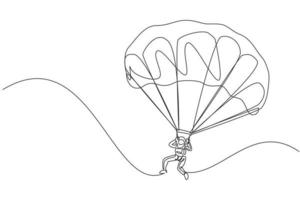 Single continuous line drawing of young tourist man flying with paragliding parachute on the sky. Extreme vacation holiday sport concept. Trendy one line draw design vector graphic illustration