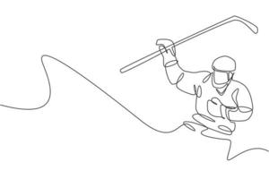 Single continuous line drawing of young professional ice hockey player hit the puck and attack on ice rink arena. Extreme winter sport concept. Trendy one line draw design graphic vector illustration