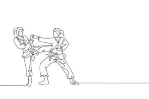 Single continuous line drawing of two young confident karateka girls in kimono practicing karate combat at dojo. Martial art sport training concept. Trendy one line draw design vector illustration