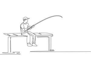 dibujo de una sola línea continua de un joven pescador feliz pescando grandes truchas en el muelle mientras se sienta relajado. concepto de vacaciones de hobby de pesca. gráfico de ilustración vectorial de diseño de dibujo de una línea de moda vector