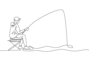 One single line drawing young happy fisher man siting relax and flyfishing at the riverside vector illustration graphic. Holiday traveling for fishing hobby concept. Modern continuous line draw design