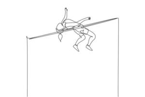 One single line drawing of young energetic woman exercise jump high to pass the bar graphic vector illustration. Healthy athletic sport concept. Competition event. Modern continuous line draw design