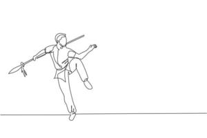 One single line drawing of young man on kimono exercise wushu martial art, kung fu technique with spear on gym center vector illustration. Fighting sport concept. Modern continuous line draw design