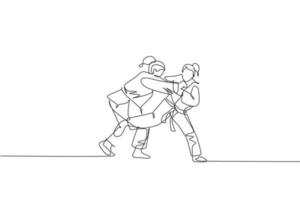 una línea continua dibujando a dos jóvenes deportistas entrenando técnica de judo en el polideportivo. concepto de competencia deportiva de lucha de batalla de jiu jitsu. Ilustración gráfica de vector de diseño de dibujo de línea única dinámica