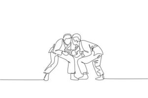 Single continuous line drawing of two young sportive judoka fighter men practice judo skill at dojo gym center. Fighting jujitsu, aikido sport concept. Trendy one line draw design vector illustration