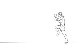 un dibujo de línea continua del joven boxeador muay thai deportivo preparándose para pelear, patada de postura en box arena. concepto de juego de deporte de lucha. Ilustración gráfica de vector de diseño de dibujo de línea única dinámica