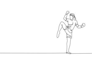 One single line drawing of young energetic muay thai fighter man pose before fighting at gym fitness center vector illustration. Combative thai boxing sport concept. Modern continuous line draw design