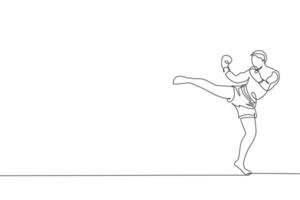One continuous line drawing of young sporty man kickboxer athlete training powerful kick at gym center. Combative kickboxing sport concept. Dynamic single line draw design vector graphic illustration