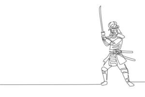 un dibujo de línea continua del joven samurai shogun de valentía con máscara lista para atacar en la sesión de entrenamiento. concepto de deporte de combate de artes marciales. Ilustración de vector de diseño de dibujo de línea única dinámica