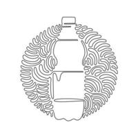 Continuous one line drawing soft drink in bottle plastic. Cold soda for refreshing feeling. Drink to quench thirst. Swirl curl circle background style. Single line design vector graphic illustration