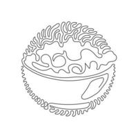 Single continuous line drawing green salad of fresh vegetables in salad bowl. Healthy appetizer for human body. Swirl curl circle background style. One line draw graphic design vector illustration