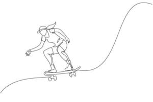 One single line drawing of young skateboarder woman exercise riding skateboard in city street vector illustration. Teen lifestyle and extreme outdoor sport concept. Modern continuous line draw design