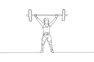 One continuous line drawing young bodybuilder woman doing exercise with a heavy weight bar in gym. Powerlifter train weightlifting concept. Dynamic single line draw design vector graphic illustration