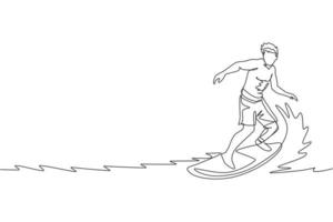 One continuous line drawing young happy tourist surfer exercising surfing on wavy ocean. Healthy extreme watersport concept. Summer holiday. Dynamic single line draw design vector illustration graphic