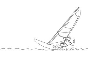 dibujo de una sola línea continua de un joven surfista deportivo jugando al windsurf en el mar. concepto de deporte marino extremadamente peligroso. vacaciones de verano. ilustración de vector de diseño de dibujo de una línea de moda