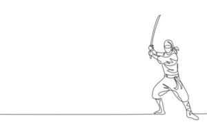 un dibujo de una sola línea de un joven ninja tradicional japonés enérgico sosteniendo una espada samurái en la ilustración vectorial de la pose de ataque. concepto de deporte de artes marciales combativas. diseño moderno de dibujo de línea continua vector