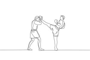 Single continuous line drawing of young sportive man kickboxer fight at boxing arena for local tournament. Combat competition kickboxing sport concept. Trendy one line draw design vector illustration