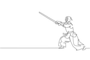 One single line drawing young energetic man exercise attack kendo skill with wooden sword at gym center graphic vector illustration. Combative fight sport concept. Modern continuous line draw design