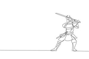 One continuous line drawing of young bravery samurai shogun wearing mask ready to attack at training session. Martial art combative sport concept. Dynamic single line draw design vector illustration