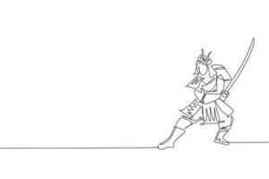 un dibujo de línea continua del joven samurai shogun de valentía con máscara lista para atacar en la sesión de entrenamiento. concepto de deporte de combate de artes marciales. Ilustración de vector de diseño de dibujo de línea única dinámica