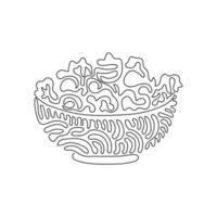 Single one line drawing green salad of fresh vegetables in salad bowl. Healthy appetizer for human body. Health food. Swirl curl style. Modern continuous line draw design graphic vector illustration