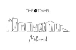 Single continuous line drawing Midland city skyline, Texas. Famous city scraper landscape. Beauty world travel home wall decor art poster print concept. Modern one line draw design vector illustration