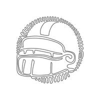 Single one line drawing American football helmets. Design element for logo, label, emblem, sign, poster, t shirt. Swirl curl circle background style. Modern continuous line draw design graphic vector