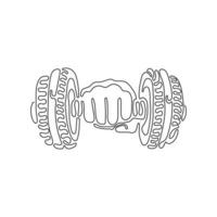 Single one line drawing hand with dumbbell. Dumbbell in hand. Gym, fitness, sport label. Train hard. Stay strong. Swirl curl style. Modern continuous line draw design graphic vector illustration