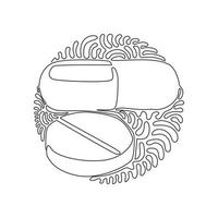 Single continuous line drawing medical pill and tablet icon. Medicine pills or tablets, capsules. Drugs and pills symbol. Swirl curl circle background style. One line draw graphic design vector