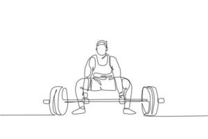 One continuous line drawing of young bodybuilder man doing exercise with a heavy weight bar in gym. Powerlifter train weightlifting concept. Dynamic single line draw design graphic vector illustration