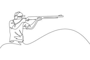 One continuous line drawing young man on shooting training ground practice for competition with rifle gun. Outdoor shooting sport concept. Dynamic single line draw graphic design vector illustration