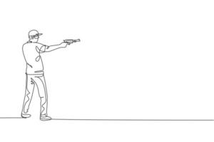 One single line drawing of young man practicing to shot target in range on shooting training ground vector graphic illustration. Clay pigeon shooting sport concept. Modern continuous line draw design