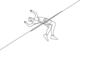 Single continuous line drawing young man training to pass the bar in high jump game in field. Healthy athletic sport concept. Tournament event. Trendy one line draw graphic design vector illustration