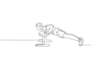 One single line drawing of young energetic man exercise push up with bench in gym fitness center graphic vector illustration. Healthy lifestyle sport concept. Modern continuous line draw design