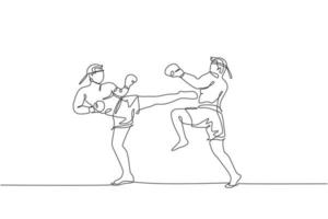 One continuous line drawing of two young sporty muay thai boxer men kicking hard sparring fight partner at box arena. Fighting sport game concept. Dynamic single line draw design vector illustration