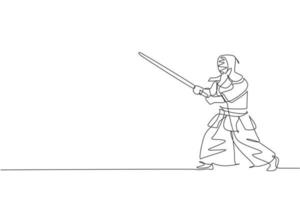 un dibujo de una sola línea de un joven enérgico que ejercita la posición de kendo con una espada de madera en la ilustración vectorial del centro de gimnasio. concepto de deporte de lucha combativa. diseño moderno de dibujo de línea continua vector