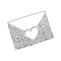 Continuous one line drawing envelope sealed with heart. Love letter or affectionate greeting card. Messages of love, happiness. Swirl curl circle style. Single line design vector graphic illustration