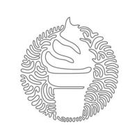 Continuous one line drawing delicious ice creams in crispy waffles cup. Tasty sweet ice-cream tastes. Cold summer desserts. Swirl curl circle background style. Single line draw design vector graphic