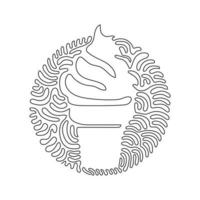 Continuous one line drawing delicious ice creams in crispy waffles cup. Tasty sweet ice-cream tastes. Cold summer desserts. Swirl curl circle background style. Single line draw design vector graphic